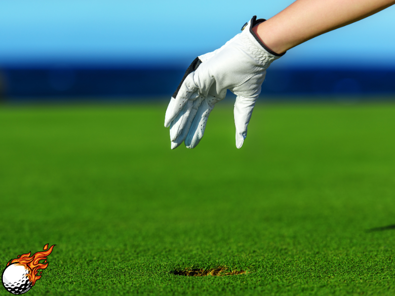 A gloved hand above the golf hole